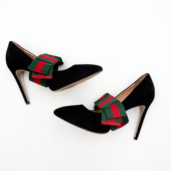 Gucci Heels Web Stripe Bow Black Suede Pumps Heels EU 37.5 US 7.5 - Picture 5 of 14